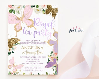 Butterfly Royal Tea Party Invitation, Girls Birthday Invite Editable Template, Blush Pink Purple Gold Floral DIY Printable Download Cards P6