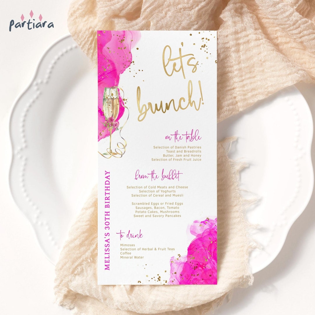 Hot Pink Brunch Menu Editable Ladies Birthday Brunch Menus Bridal Shower Table Decor Fuchsia