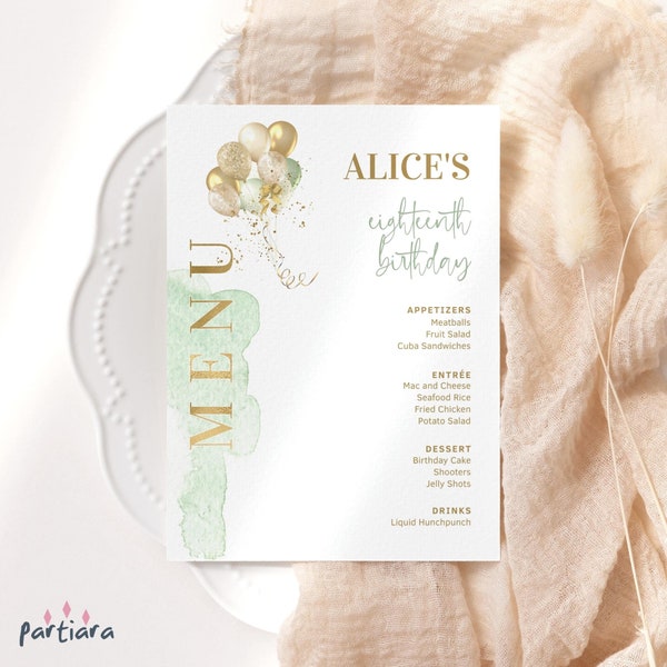 Saliegroen menusjabloon, verjaardagsdinermenu's afdrukbaar, evenementen dames of tienermeisjes, ballondecor, bewerkbaar 5 x 7 download P232