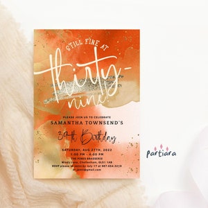 Modèle numérique d'invitation de 39e anniversaire, invitation à dîner pour femme 39e anniversaire imprimable, carte d'événements or Orange, téléchargement modifiable P417