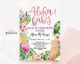 Hawaiian Baby Invite Girl Aloha Baby Shower Tropical Brunch Party Invitation Printable Pink Floral Gold Pineapple Decor Editable P47