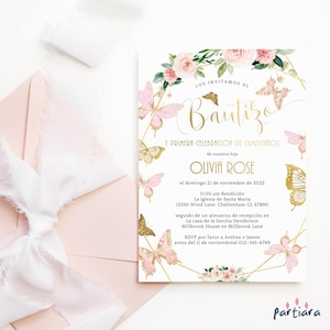 Convites Bautizo, convite de batismo espanhol para meninas, convites de festa de aniversário de 1 ano de batismo de borboleta para impressão, floral rosa editável P328