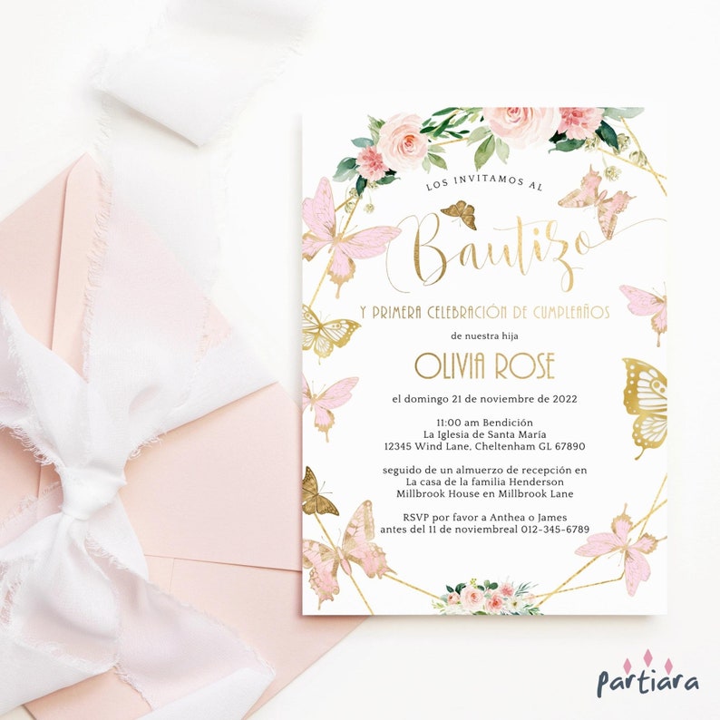 Editable Baby Girl Baptism Invite Spanish Bautizo Party Invitations 1st Birthday Floral Butterflies Pink Lilac Gold Decor