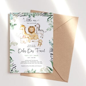 Baby Welcoming Party Invite Printable Boy Safari Animals Sip and See Invitation Digital Download Greenery Gender Neutral Editable P88