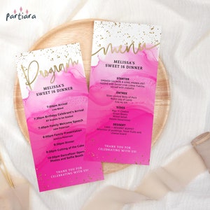 Sjabloon roze verjaardagsprogramma, damesmenu met afdrukbare programma&#39;s, felroze tafeldecoratie evenementen, bewerkbare digitale download P200