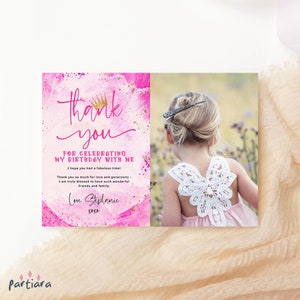 Prinses bedankt fotokaartsjabloon, notitiekaarten voor meisjesverjaardagsfeestje bewerkbaar, felroze gouden partij in roze digitale download P523