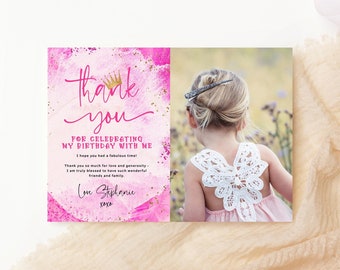 May include: Pink and gold thank you card with a watercolor background and a photo of a young girl wearing a white lace dress. The text on the card reads "Thank you for celebrating my birthday with me! I hope you had a fabulous time! Thank you so much for love and generosity - I am truly blessed to have such wonderful friends and family. Love Stephanie xoxo."