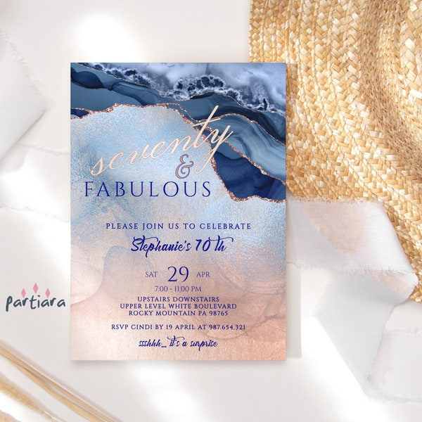 70th Birthday Invitation Printable for Ladies Seventy and Fabulous Theme Party Invite Editable Rose Gold Blush Pink Navy Blue Decor P139