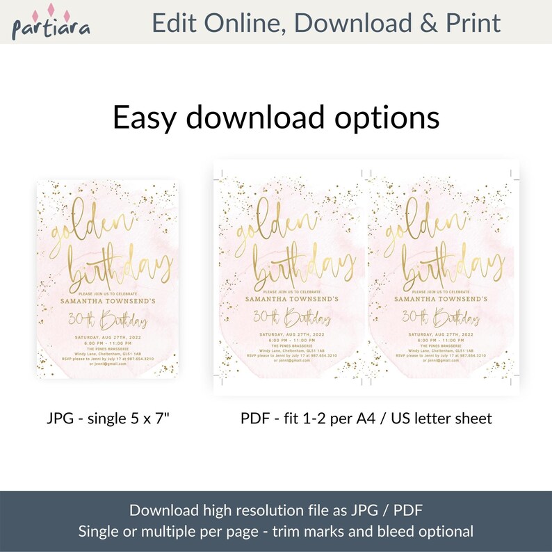 May include: A digital download for a birthday invitation. The invitation features a pink and gold watercolor background with gold glitter and the text "golden birthday". The invitation is available in JPG and PDF formats.