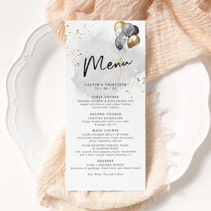 Karta menu na przyjęcie urodzinowe do wydrukowania, menu na przyjęcie weselne, dekoracja stołu dla mężczyzn, szablon edytowalny, czarne złote i szare balony P251
