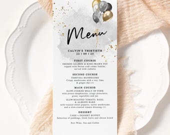 Birthday Celebration Menu Card Printable, Wedding Party Menus, Mens Dinner Table Decor, Editable Template, Black Gold and Grey Balloons P251