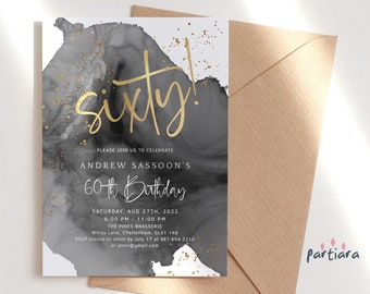 Black Gold Birthday Invitation 60th Editable Surprise Party Invites Him or Her Adult Invite Printable Digital Template Download P132 P255