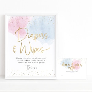 Letrero para mesa de rifa de pañales y toallitas, juego de fiesta de revelación de género para baby shower de niño y niña, juego de tarjetas con notas, nube azul y rosa imprimible, editable, P16