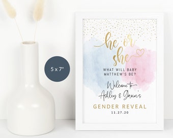 Signe de table de fête révélé sexe bébé lui ou elle Decor bleu pastel et rose garçon ou fille Modèle P16 imprimable modifiable en téléchargement immédiat