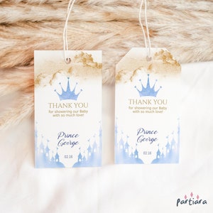Sprookjeslabels jongens, bedankje cadeaus labelsjabloon, prins babyshowerlabels afdrukbaar, decor blauw gouden kasteelkroon, bewerkbare P137