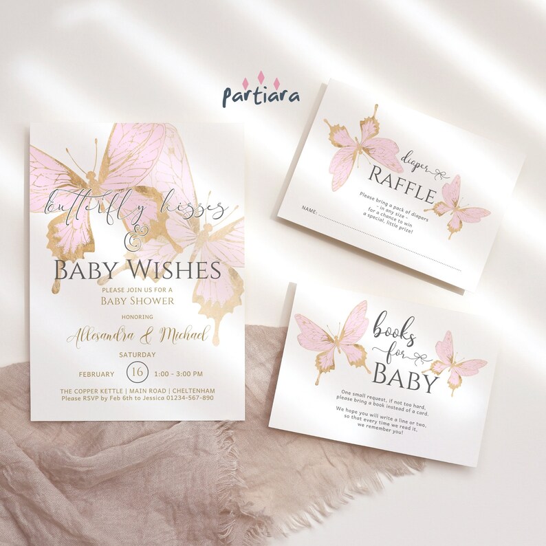 Pink Gold Butterfly Baby Shower Invitation Girl Party Invite Bundle Set with Inserts Printable Editable Digital Download