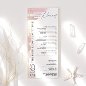 Prijslijstsjabloon, roze prijsblad voor kleine bedrijven bewerkbaar, schoonheidsmake-up nagels salonartiesten verkoopflyer rackkaart afdrukbaar P888