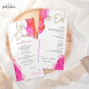 Hot Pink Orange Menus Ladies Food and Drinks Menu Bridal Shower Dinner Party Table Menu Card Printable Editable Digital Download P200