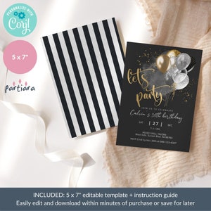 May include: A black and gold 30th birthday party invitation with a watercolor background and balloons. The text reads "Let's Party" and "Join us to celebrate Calvin's 30th birthday". The date is Saturday, December 27th, from 7-11 PM. The location is Mixed Grill Tavern, West Side, Sunset Blvd., PA 98765. RSVP by November 30th at 989-123-4567.