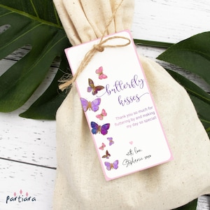 Étiquette papillons, cadeaux de bisous de papillon rose imprimable, anniversaire fille Merci étiquettes de sac, shower de bébé or violet modifiable P337
