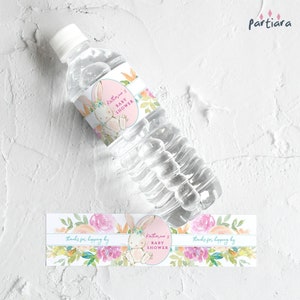 BUNNY LABELS Water Bottle Decor Printable, Girls Baby Shower Party Label, 1st Birthday Favors, Spring Floral Pastel Rainbow Editable P310