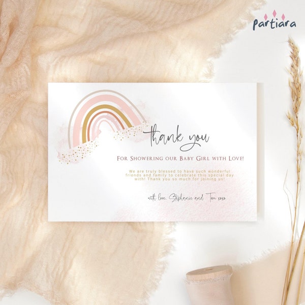 Baby Girl Rainbow Thank You Card Baby Shower Party Notecard Printable Bohemian Blush Pink Baby Sprinkle Thankyou Card Editable Download P136