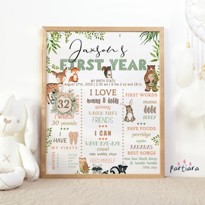 Tabella delle pietre miliari del bosco, bambini 1° compleanno primo anno statistiche di nascita segno animali della foresta stampabile modificabile modello digitale scaricabile P124