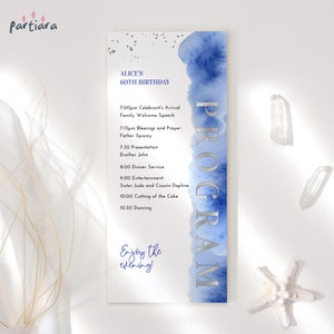 Editable Program Card Template, Royal Blue Programs Printable, Birthday Dinner Party Table Decor, Graduation Events Digital Download P237