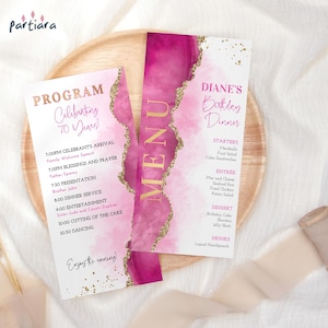 Sjabloon roze verjaardagsprogramma, damesmenukaart met afdrukbare programma's, fuchsia dinerfeest tafeldecoratie, bewerkbare download P700