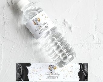 Teens Water Bottle Label Template, Boys Birthday Party Water Labels Printable, Mens Events Black Silver Gold Decor, Editable Download P251