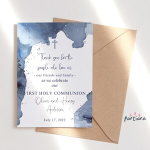Tarjetas de oración para la comunión, notas para la primera comunión de niños, decoración de mesa azul marino de agradecimiento por el bautismo, descarga digital editable P263