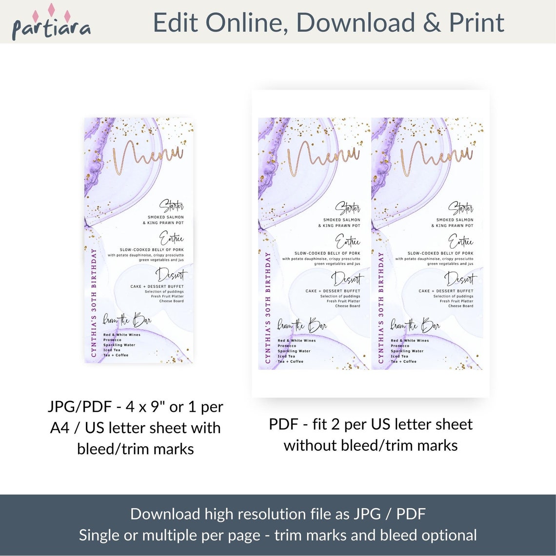 Purple Menu Dinner Table Decor Printable, Lilac and Gold Menus ...
