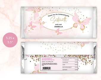 Étiquette de bonbon papillon, modèle modifiable d'emballage de chocolat, cadeaux d'anniversaire de jeune fille imprimables, déco or rose blush, modifiable P293