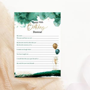 Plantilla de tarjeta de juego "Recuerdos de cumpleaños esmeralda", tarjeta editable con deseos y consejos para eventos importantes para damas, decoración verde y dorada, descarga P205