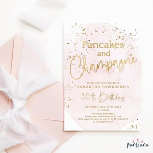 Birthday Pancakes Invitation, Ladies Champagne Brunch Party Invite, Pastel Pink Gold Bridal Shower Pancake Printable Editable Template P249