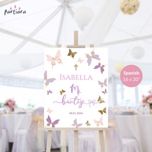 Doopsel Welkom vlinderbord Spaans feest sjabloon voor meisjes, Mi Bautizo afdrukbaar, roze paars decor, bewerkbare digitale download P345