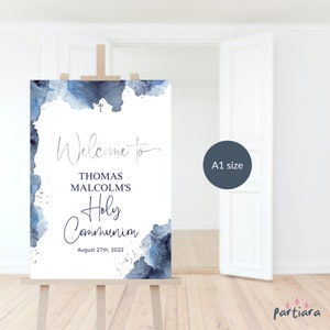 First Communion Sign, Welcome Holy Communion Poster for Boys, Baby Baptism or Christening Decor Printable, Navy Blue Silver, Editable P263