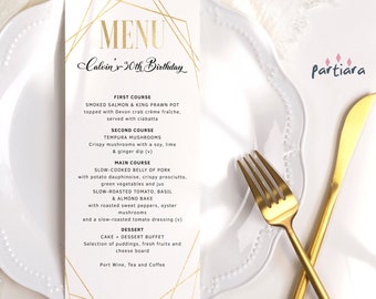 DIY Menu Cards Editable Modern All White Party Menus Printable Gold Geometric Slim Table Menus for Birthdays Christmas or New Year