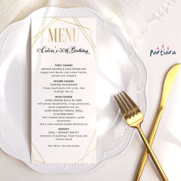 DIY Menu Cards Editable Modern All White Party Menus Printable Gold Geometric Slim Table Menus for Birthdays Christmas or New Year