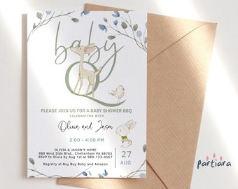 Baby Q Invite BBQ Baby Shower Invitation Printable Woodland Animals Gender Neutral Deer and Bunny Editable Digital Download Template P338