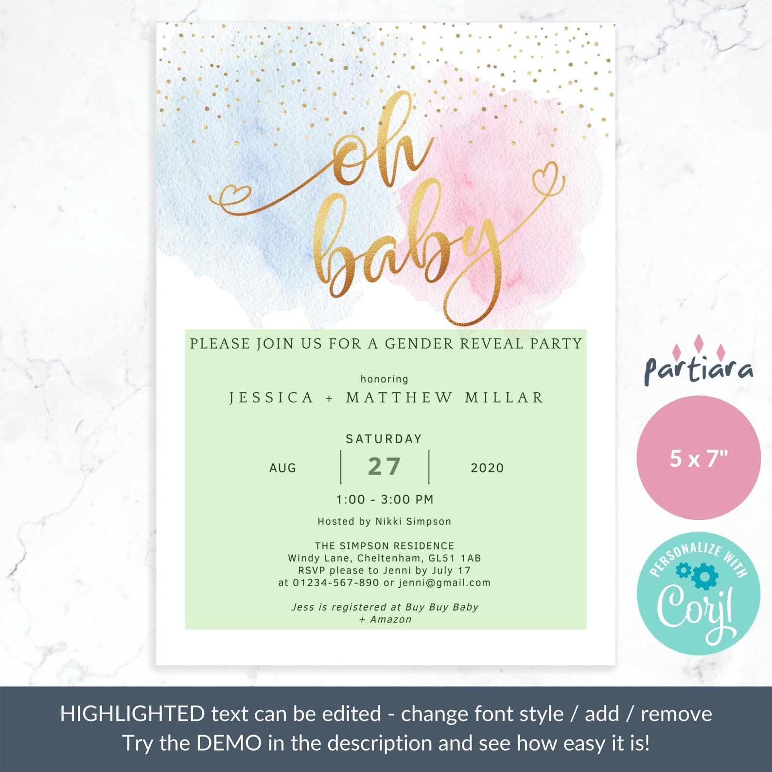 Gender Reveal Invitation Printable DIY Editable Pastel Blue | Etsy