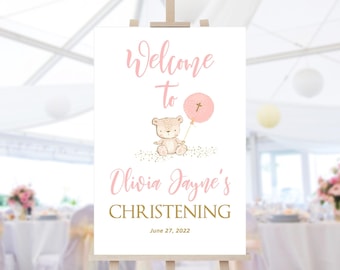 Girl Christening Welcome Sign Teddy Bear Baptism 1st Birthday Party Balloon Welcome Poster Decor Printable Editable Download P589 P20