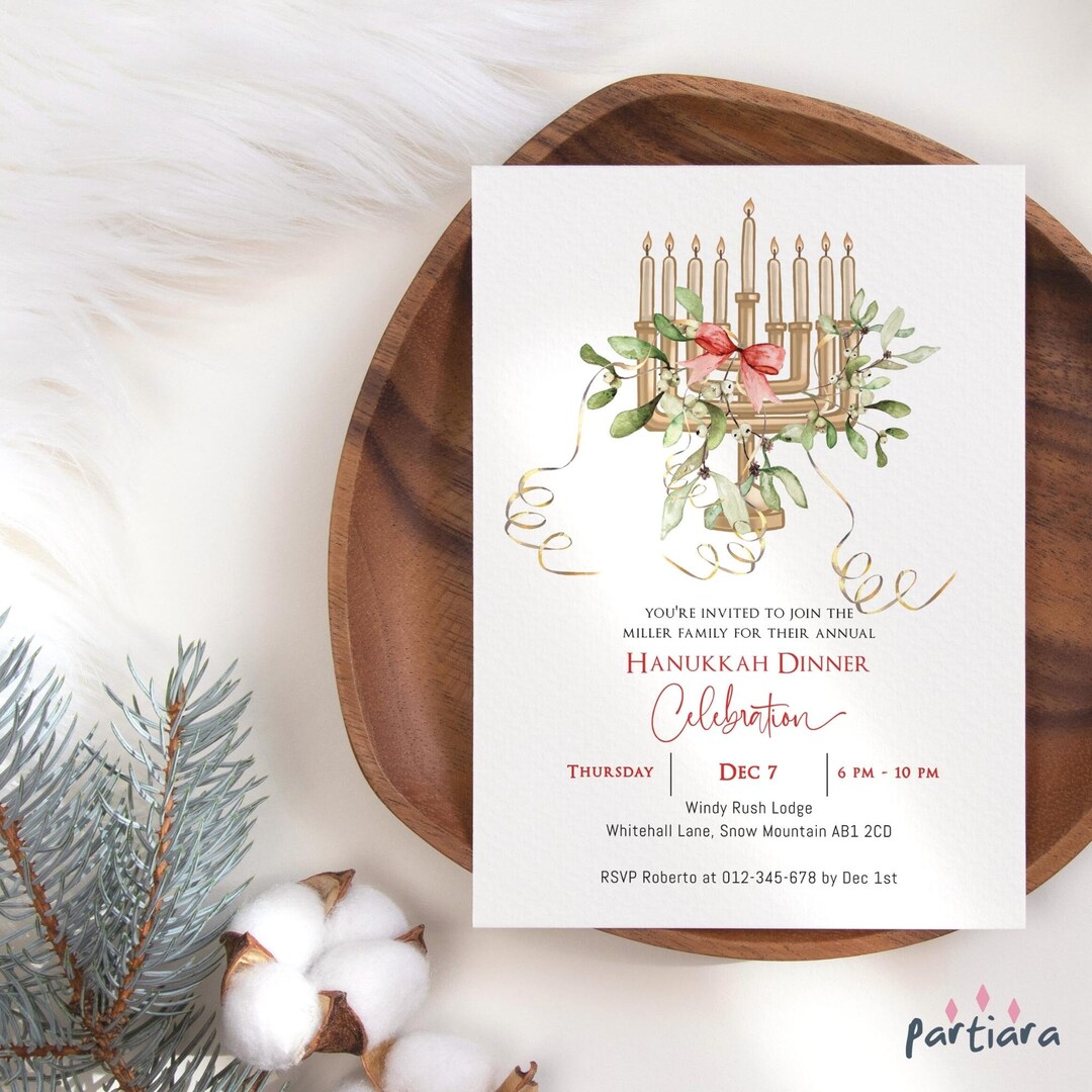 Editable Hanukkah Invitation Mistletoe Menorah Dinner Party Etsy