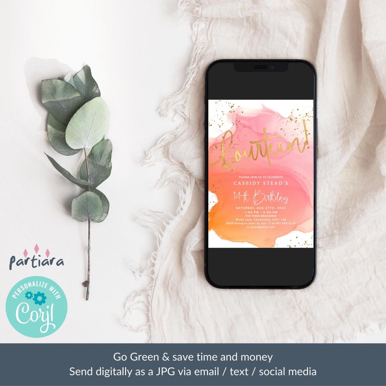 Girls 14th Birthday Invite Digital Download, Summer Party Invite Template, Pink Orange Peach Decor, Editable Card P722 image 5