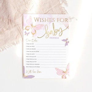 Modelo editável de cartão de desejos de chá de bebê de borboleta, cartão de desejos e conselhos para meninas para impressão, rosa pastel roxo para download P345