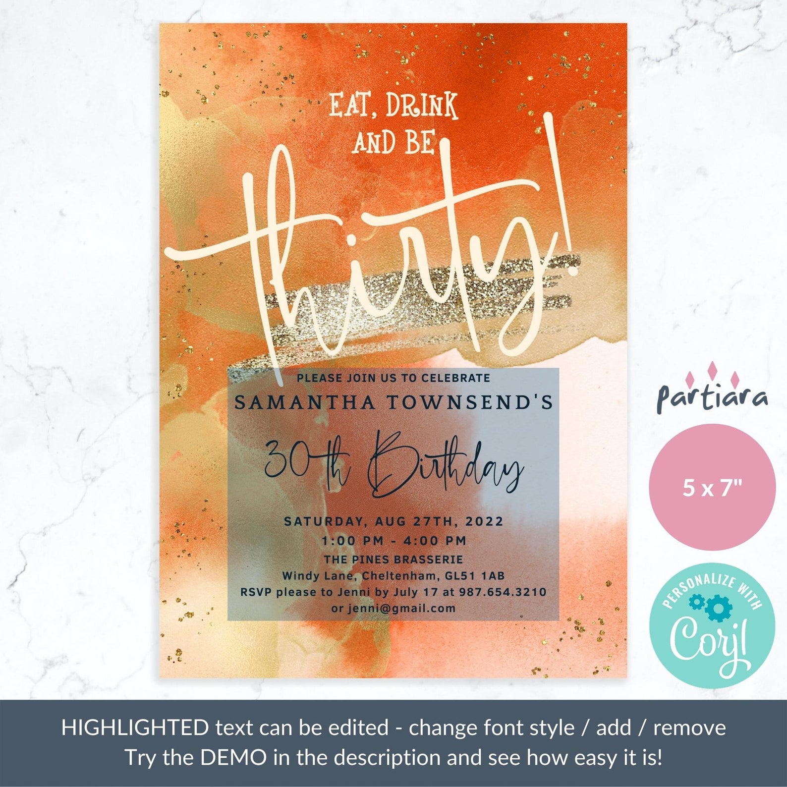 30th Birthday Dinner Drinks Party Invite Printable Orange Gold - Etsy