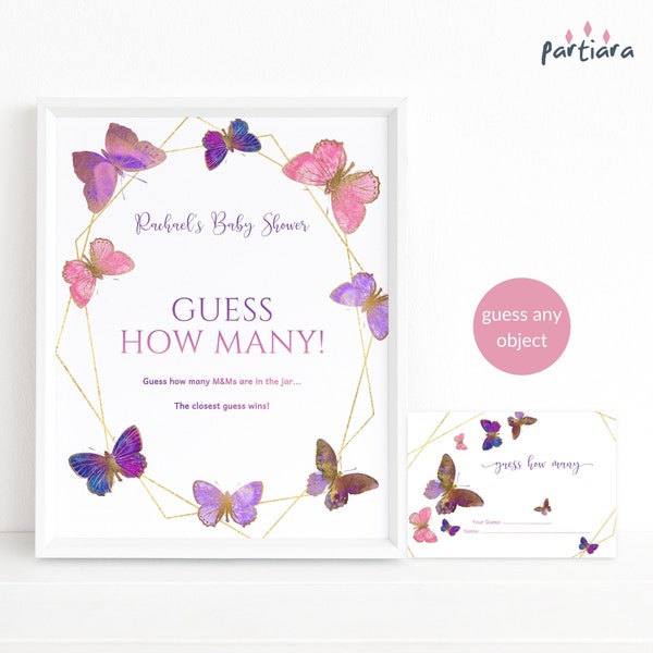 Guess How Many Candy Guessing Game Girl Baby Shower Pink, Purple, Lilac and Gold Butterflies Sign and Note Cards Editable Online Template P8