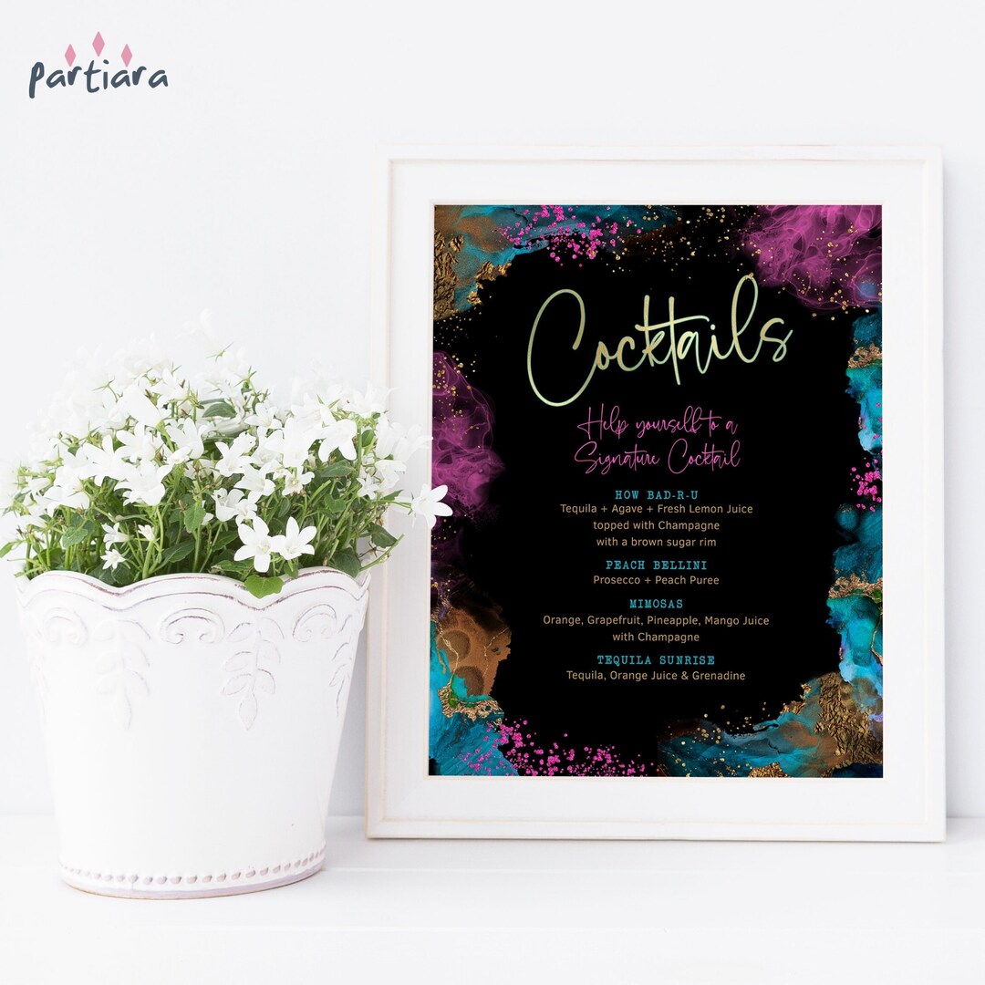 Cocktail Menu Sign Template, Birthday Signature Drinks Printable ...