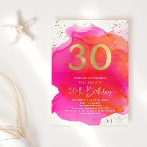 Tropical 30e anniversaire Invitation imprimable, modèle d'Invitation à dîner entre filles 30 ans, carte orange fuchsia, téléchargement immédiat modifiable P200
