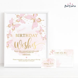 Deseos y consejos de cumpleaños, póster imprimible para mesa de fiesta de mariposas, juego de regalo para niñas o mujeres adolescentes, descarga de plantilla editable P293